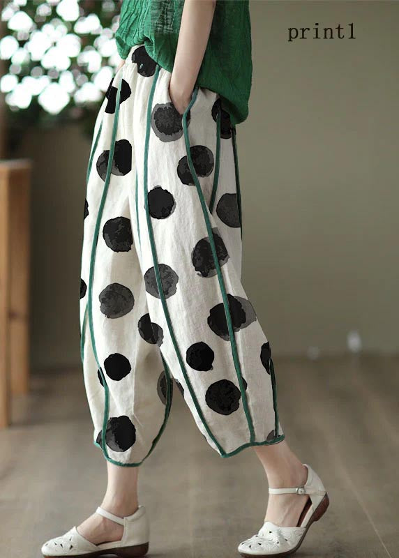 Pantalones harén de lino con estampado patchwork y bolsillos a rayas de verano