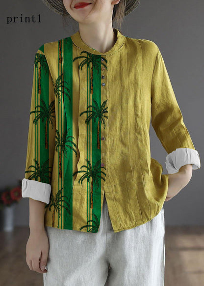 Blusa elegante de lino con botones y manga larga para mujer, color amarillo y floral, 2 unidades