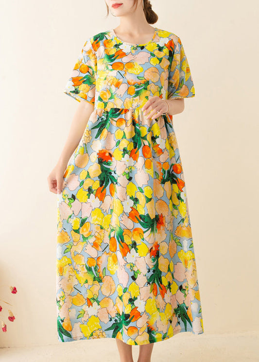 Italienische Tunika mit gelbem Aufdruck und Rundhalsausschnitt, Patchwork, lockere Sommerkleider