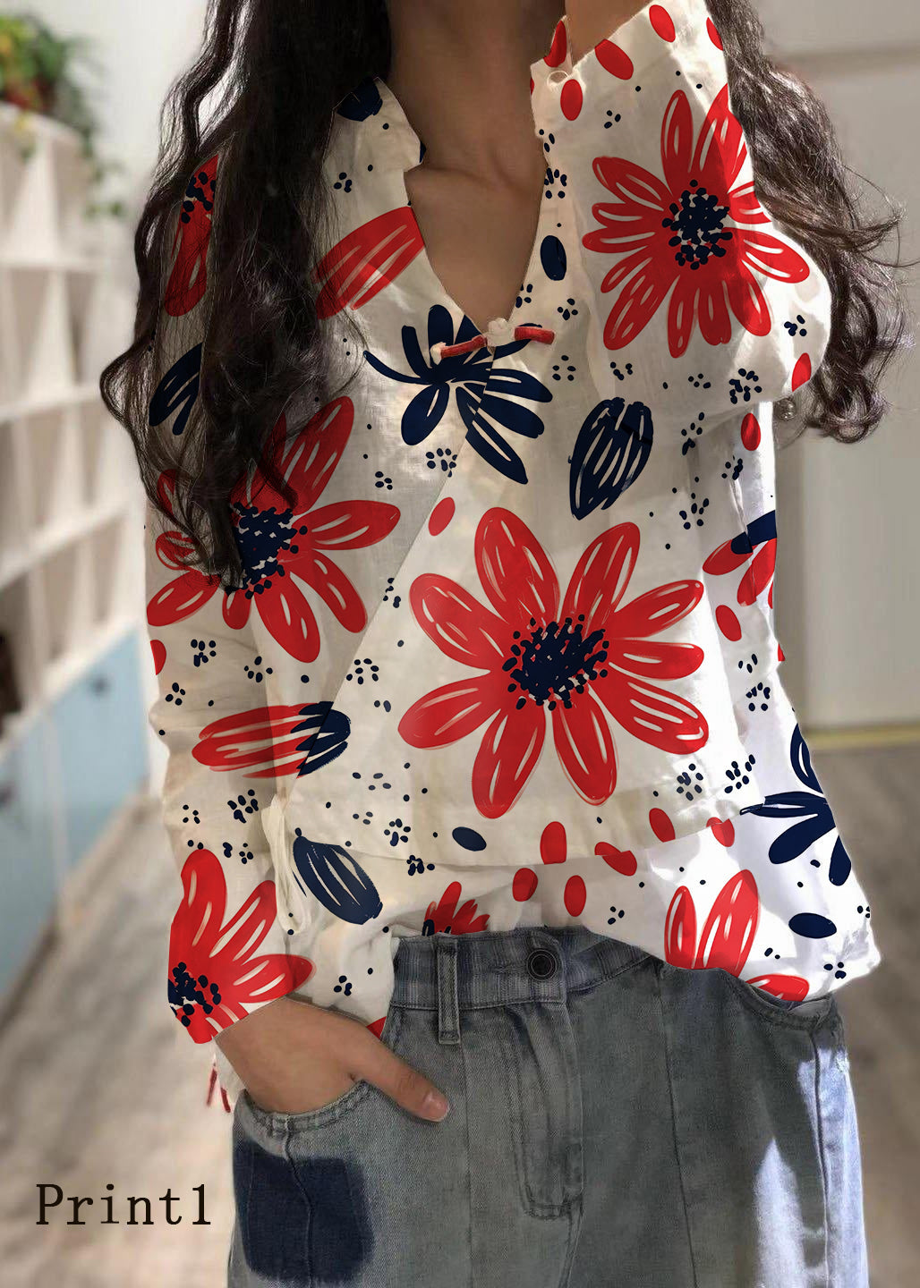 Böhmische weiße Leinenbluse mit V-Ausschnitt, Herbstoberteil