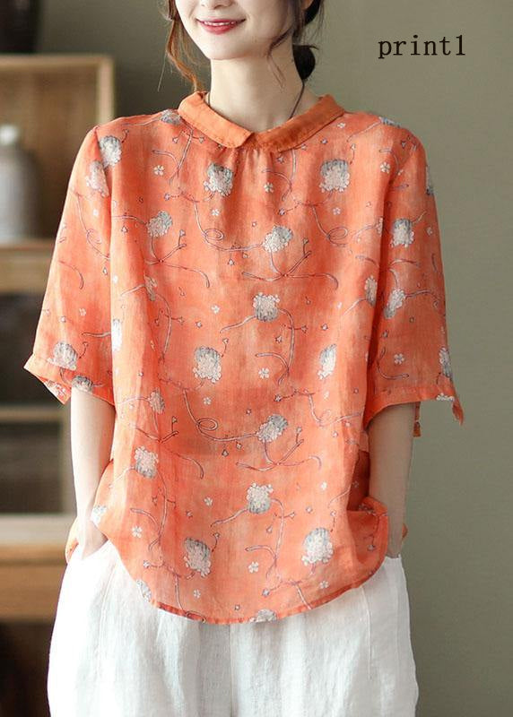 DIY Orange Print4 Ramie Halbarm Shirt Sommer