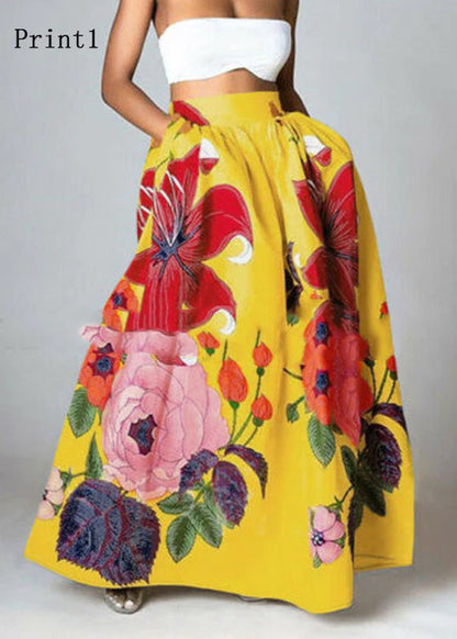 Bohemian Blau-sonnenblume Hohe Taille Taschen Floral Print Baumwolle A Linie Rock Sommer