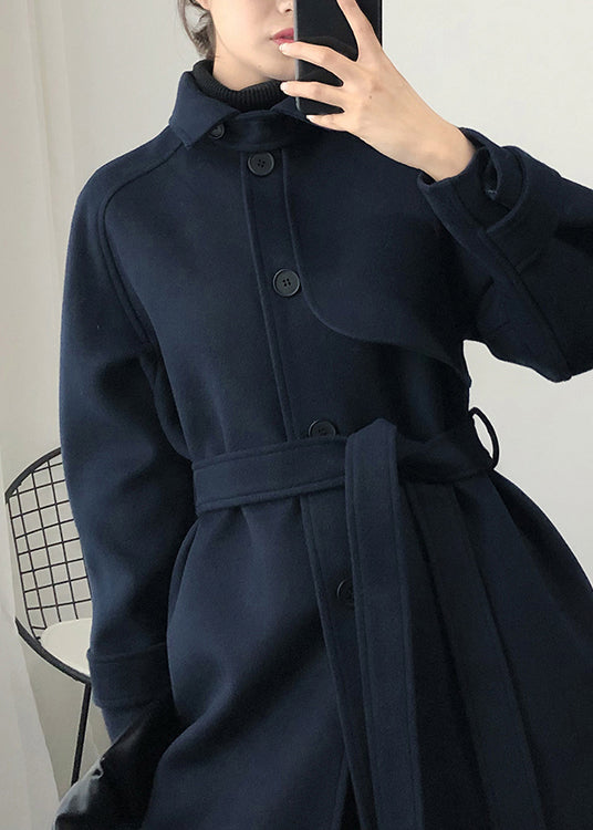 Modischer, locker sitzender Trenchcoat für den Frühling, Marineblau, Wollmantel mit Taillenbund