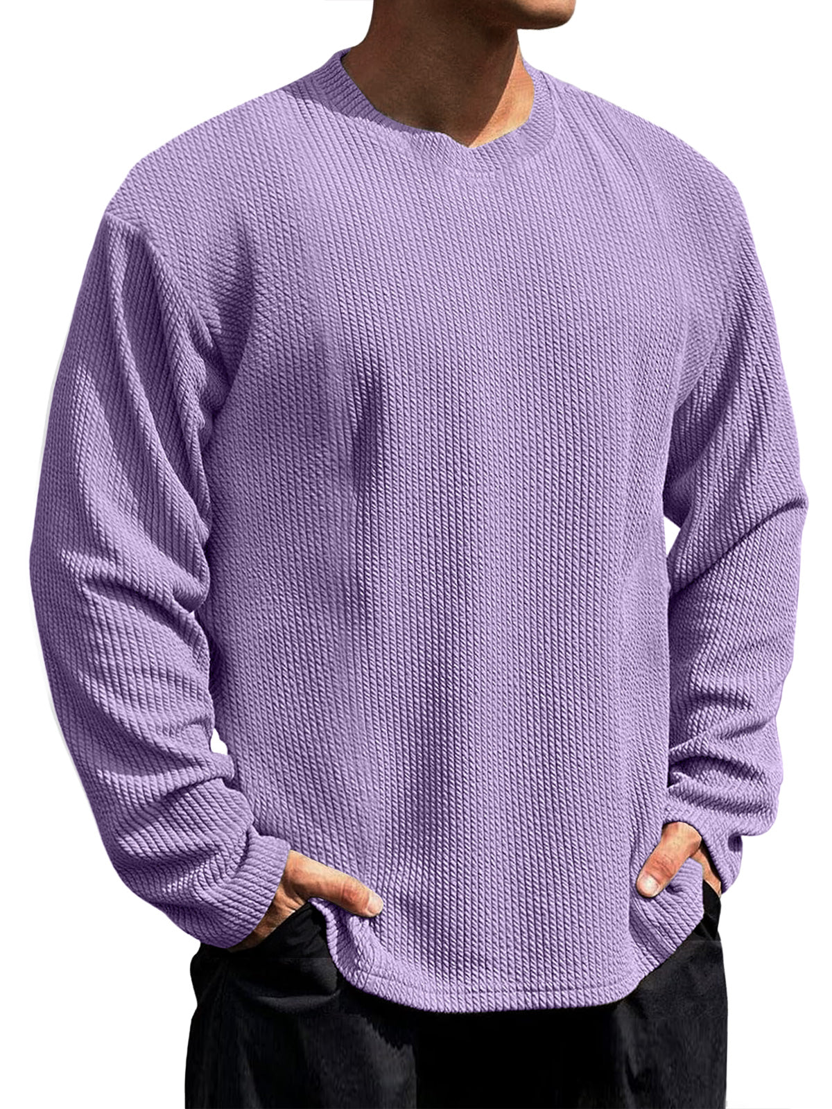 Men's Casual Round Neck Vertical Stripe Solid Color Long-sleeved T-shirt