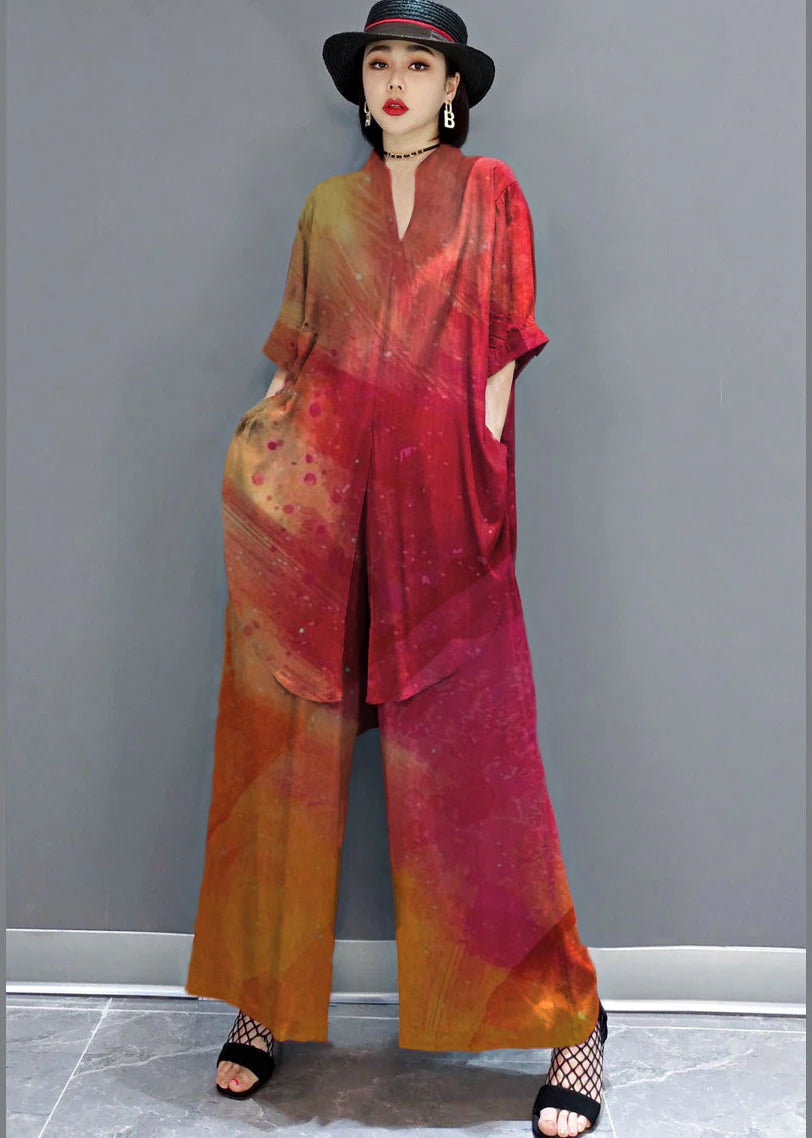 Boho Rotes Peter Pan Kragen Hemd weite Beinhose Satin Zweiteiler Set Frühling