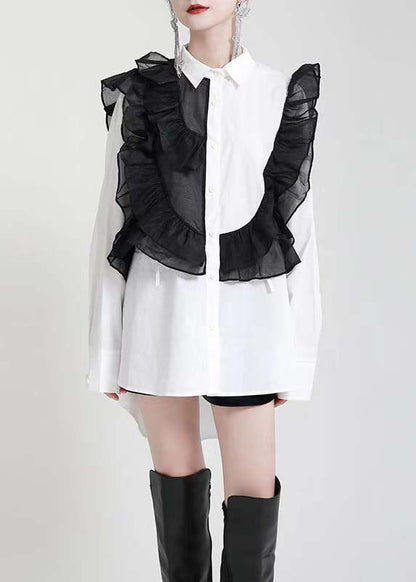 Stilvolles schwarzes PeterPan-Kragen-Knopf-Rüschen-asymmetrisches Design Herbst-Top