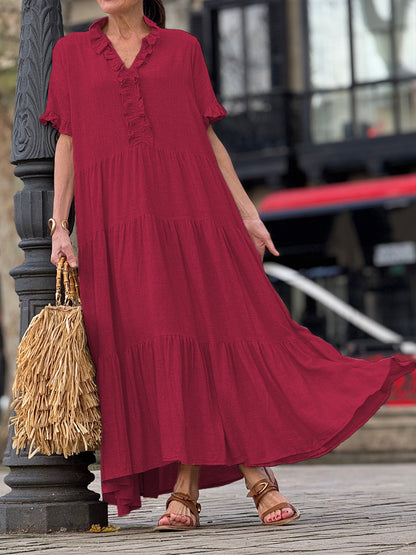 Ruffle Collar Cotton Linen Pocket Dress