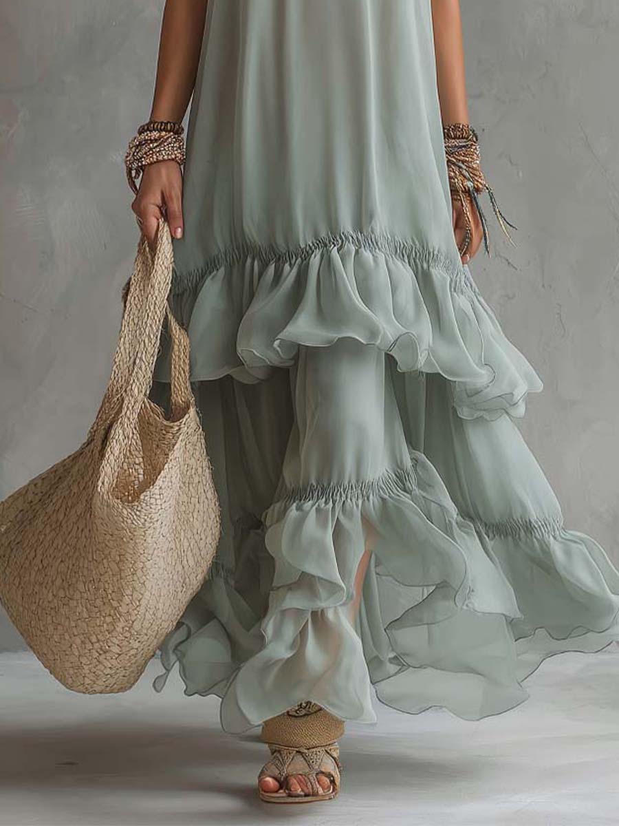 Lightweight Bohemian-style Tiered Ruffle Sleeveless Maxi Dress