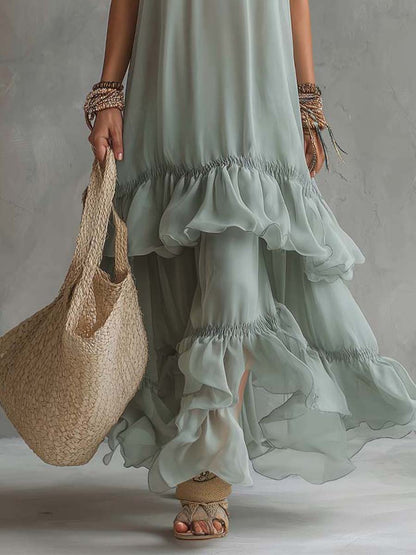 Lightweight Bohemian-style Tiered Ruffle Sleeveless Maxi Dress