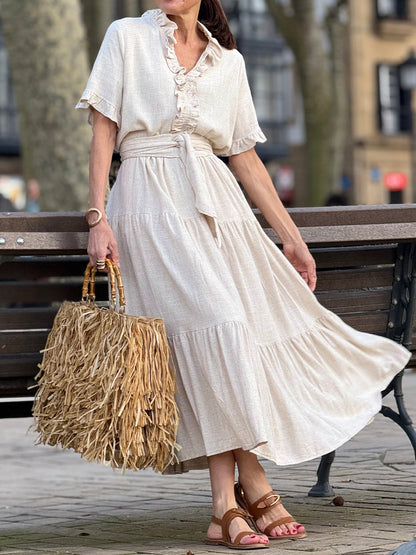 Ruffle Collar Cotton Linen Pocket Dress