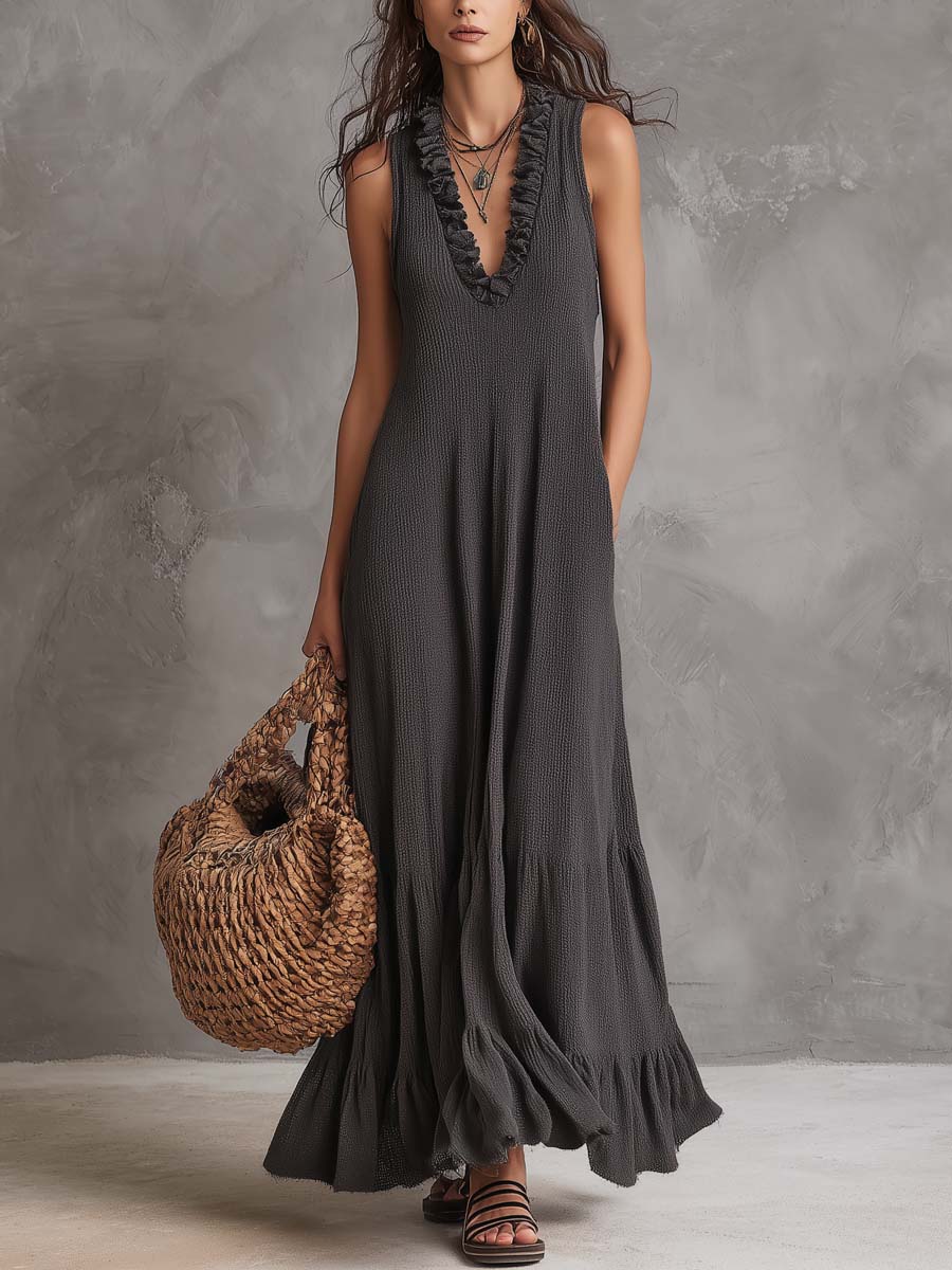 Vintage Ruffled Collar Flare Hem Knitted Maxi Dress