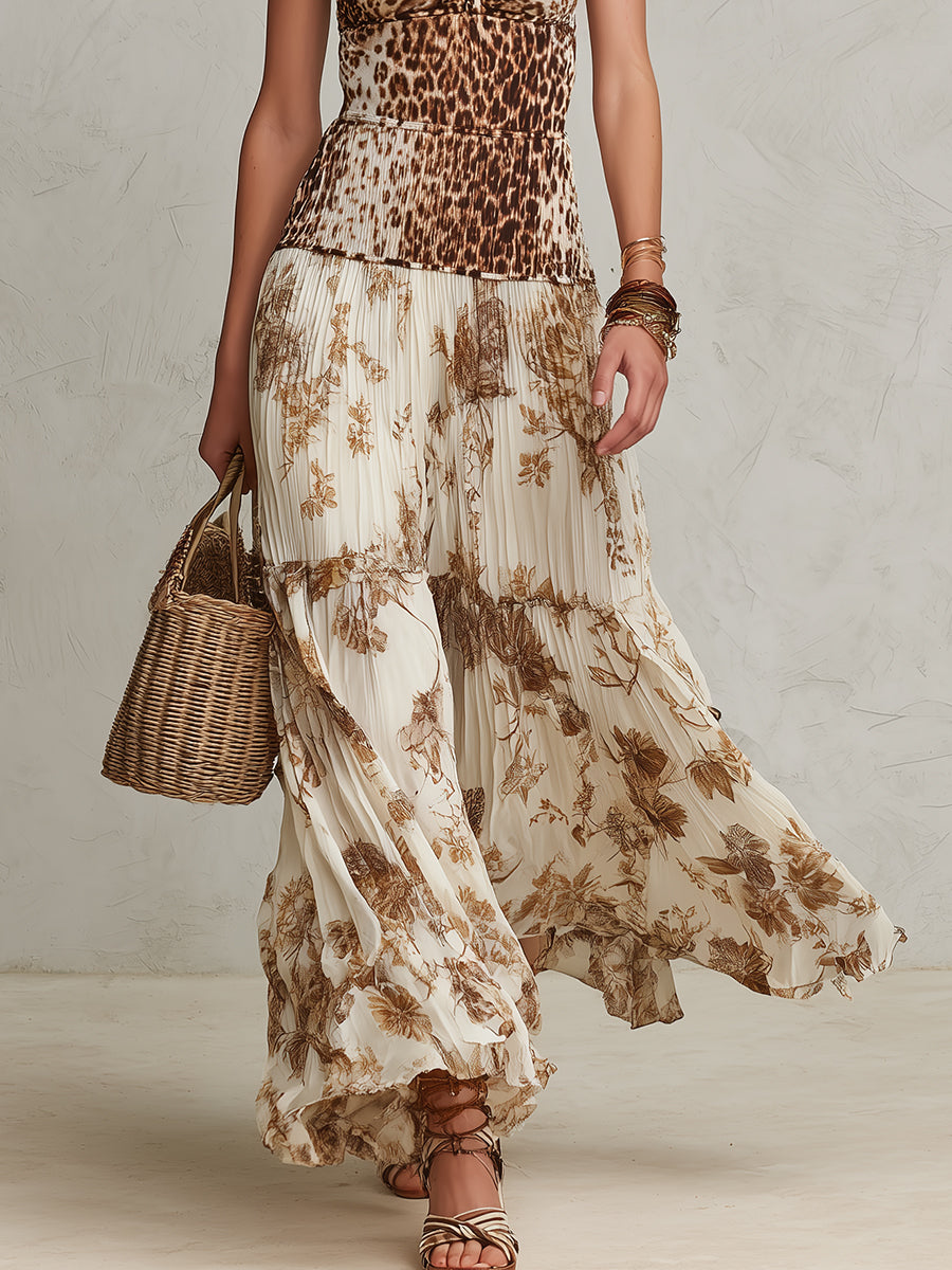 Holiday Keyhole Neckline Leopard Print Pleated Maxi Dress