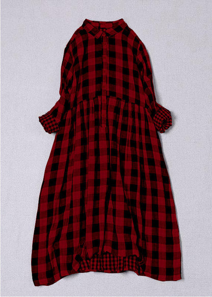 Böhmische rot-weiß karierte Peterpan-Kragentaschen mit Knopfleiste, Patchwork-Kleider für den Herbst