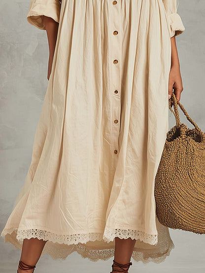 Embroidered Cotton-Linen Button Midi Dress