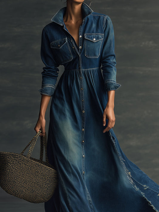 Stylish Stand Collar Washed Raw Hem Maxi Dress