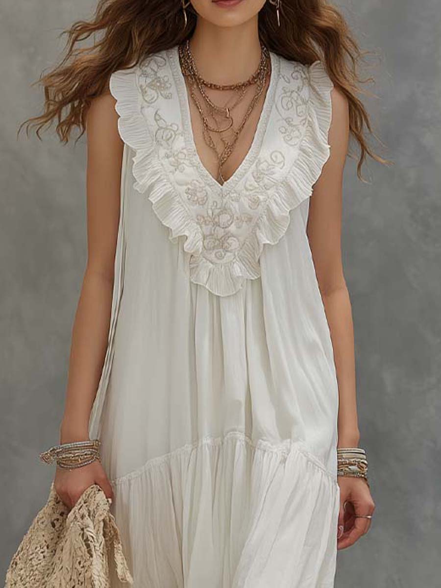 Boho Vintage White Embroidered Maxi Dress