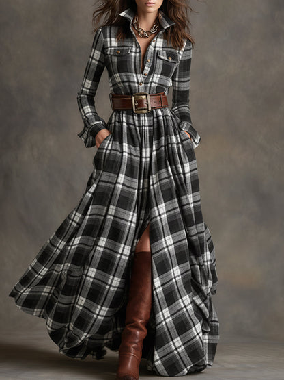 Retro Ethnic Style Lapel Reddish Brown Plaid Maxi Dress