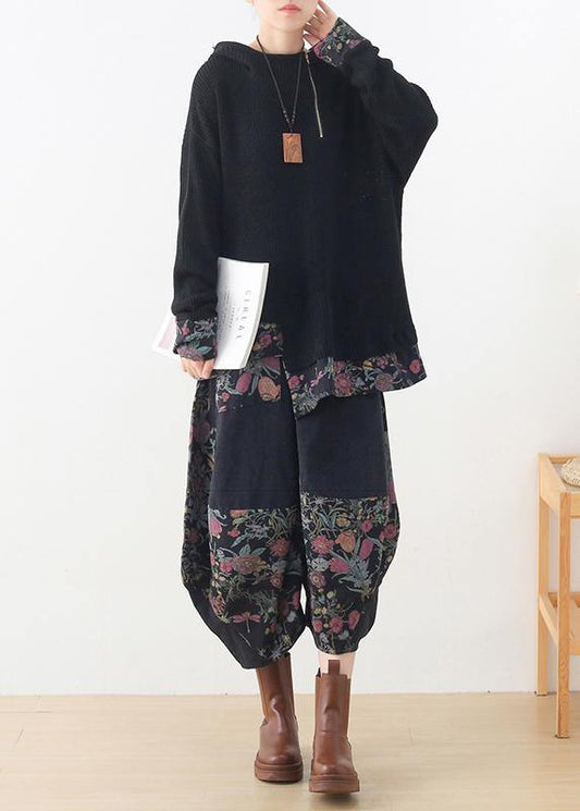 20 new zipper asymmetric black print Hoodie and patchwork wide leg pants - SooLinen
