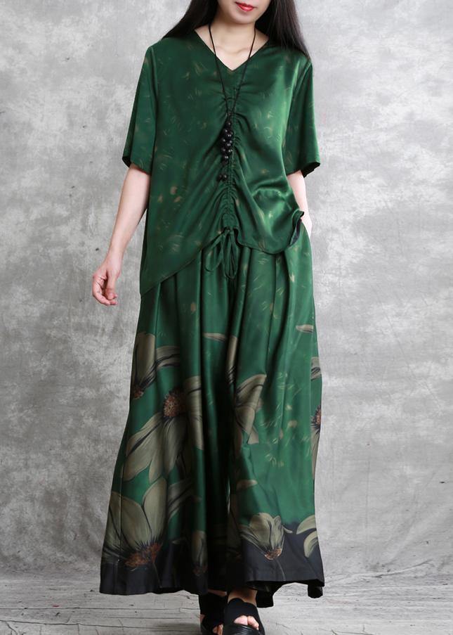 20 summer retro suit female green V-neck five-point sleeve shirt + big swing skirt pants - SooLinen