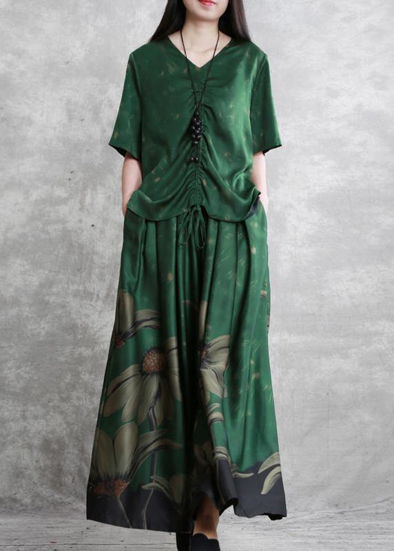 20 summer retro suit female green V-neck five-point sleeve shirt + big swing skirt pants - SooLinen