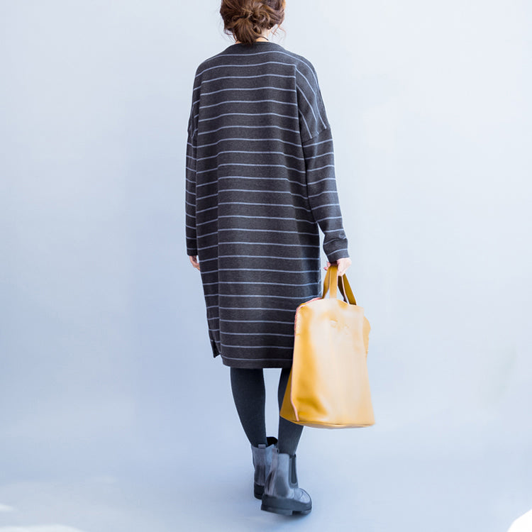 2024 Herbst grau lässige Strickkleider plus Größe gestreiftes Pulloverkleid