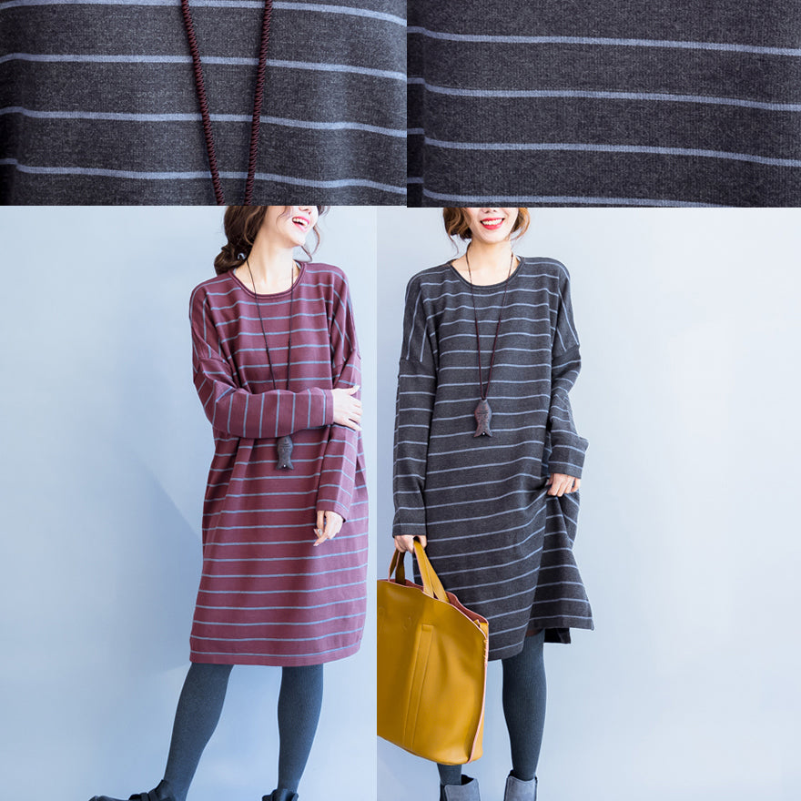 2024 Herbst grau lässige Strickkleider plus Größe gestreiftes Pulloverkleid