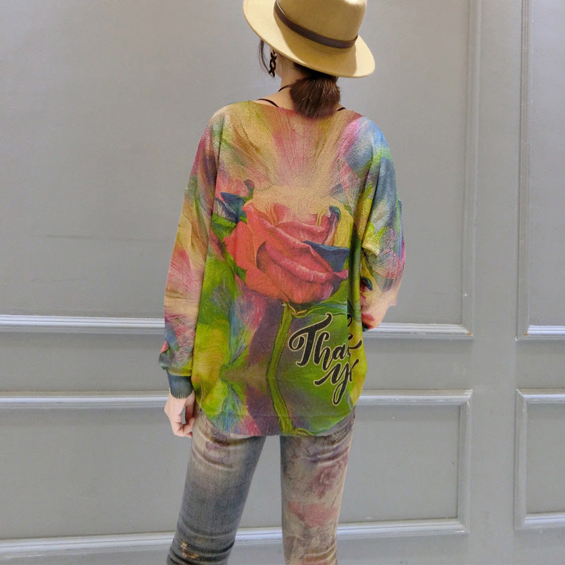 2024 Herbst neue Baumwollstrickoberteile mit Rosendrucken, plus Größe, langärmeliger Pullover