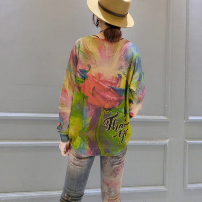 2024 Herbst neue Baumwollstrickoberteile mit Rosendrucken, plus Größe, langärmeliger Pullover