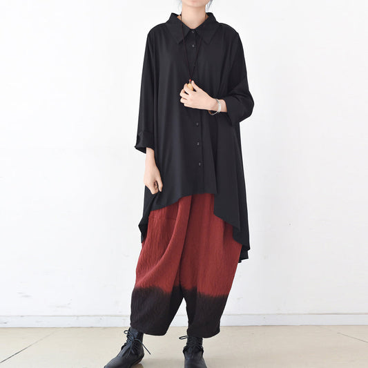 2024 Herbst dünne schwarze Baumwollhemden asymmetrisches Design niedrige hohe Blusen übergroße Baumwolloberteile