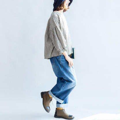 2024 Herbst dünne Baumwolloberteile lose Zurück-Taste schwarz weiß kariertes T-Shirt