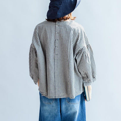 2024 Herbst dünne Baumwolloberteile lose Zurück-Taste schwarz weiß kariertes T-Shirt