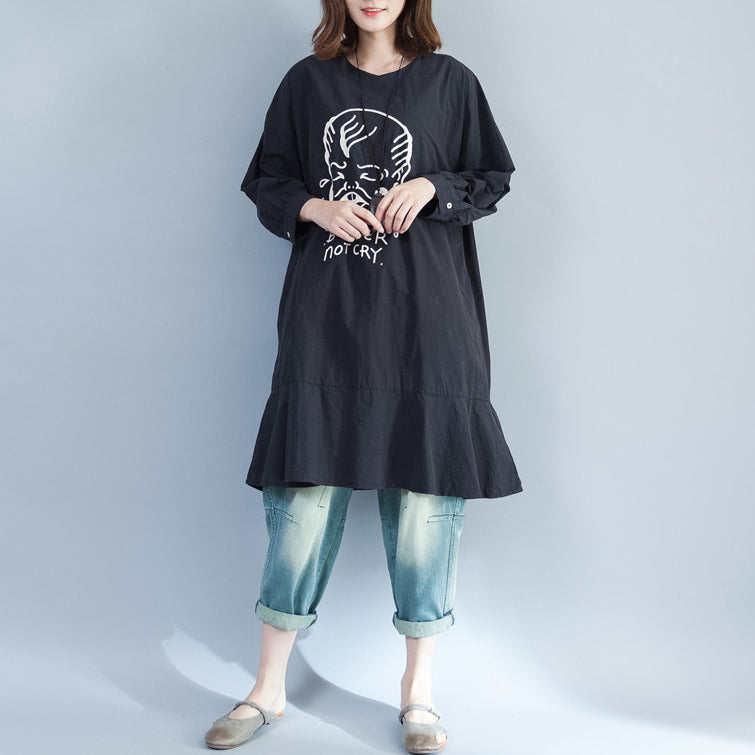 2024 Baggy Loose Black Prints Baumwollkleider Plus Size Long Fit A-Linien-Kleid