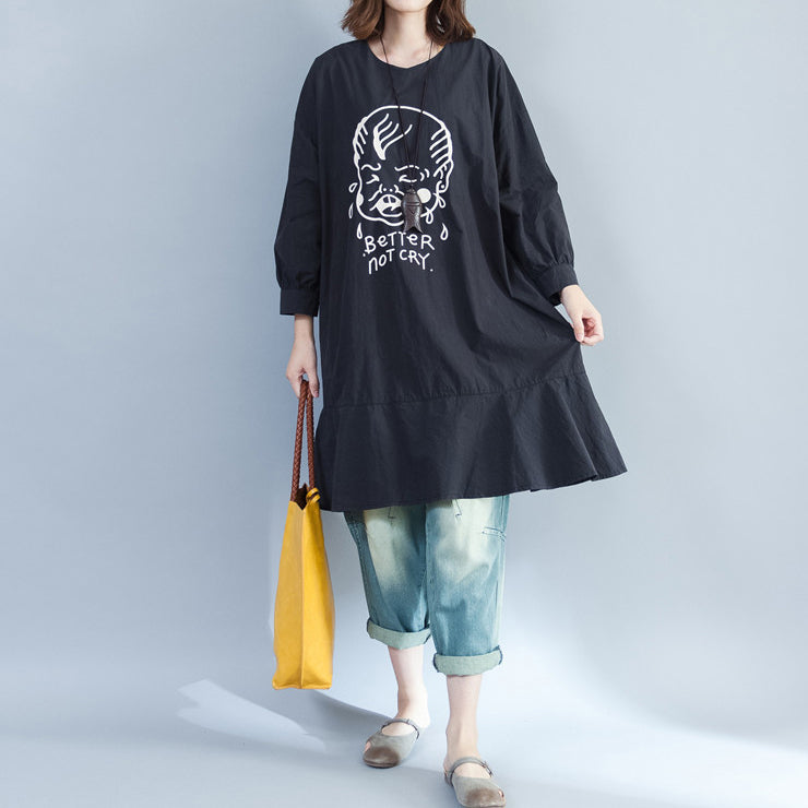2024 Baggy Loose Black Prints Baumwollkleider Plus Size Long Fit A-Linien-Kleid