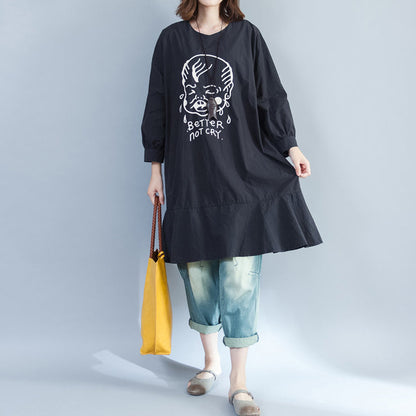 2024 Baggy Loose Black Prints Baumwollkleider Plus Size Long Fit A-Linien-Kleid