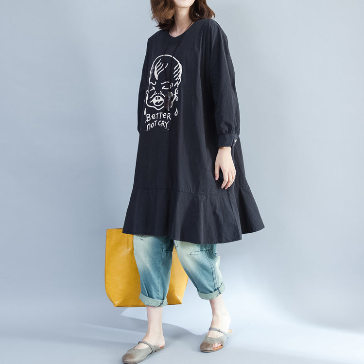 2024 Baggy Loose Black Prints Baumwollkleider Plus Size Long Fit A-Linien-Kleid