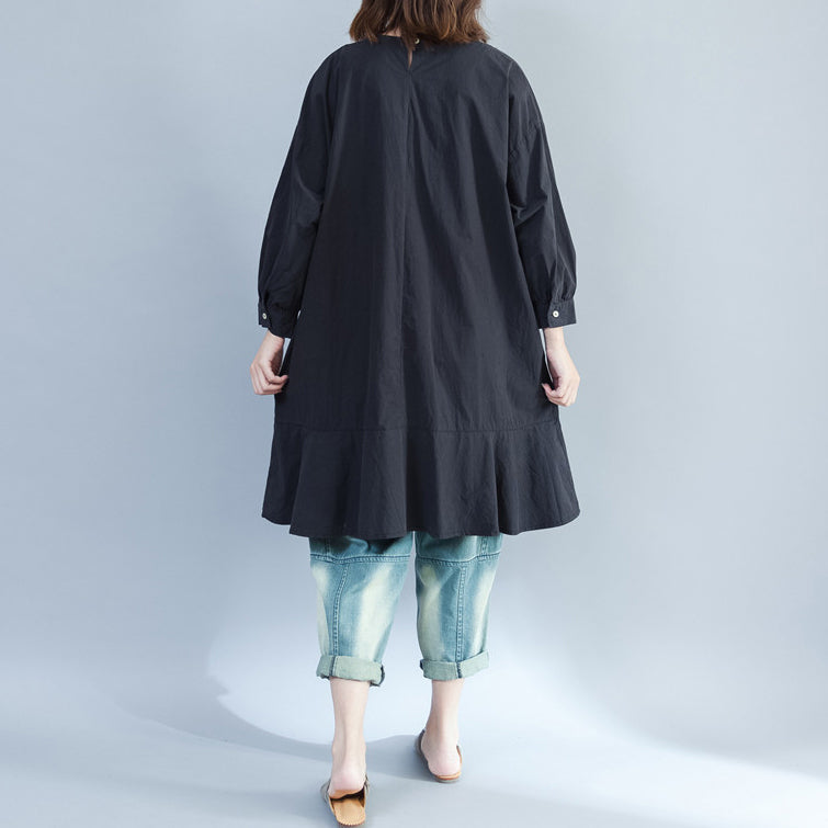 2024 Baggy Loose Black Prints Baumwollkleider Plus Size Long Fit A-Linien-Kleid