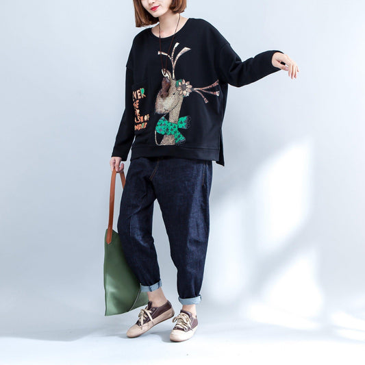 2024 schwarz cartoon print mode baumwolle tops oversize o neck t shirt seite offen