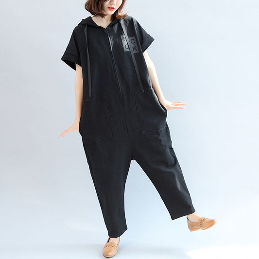 2024 schwarze lässige Baumwoll-Kurzarm-Tops mit Kapuze und Jumpsuit-Jeans