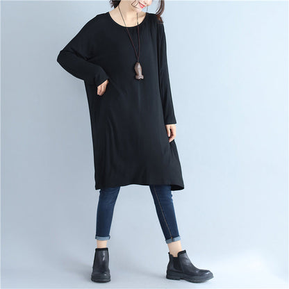 2024 schwarzes lässiges Pulloverkleid aus Baumwolle in Übergröße, einfarbig, mit Rundhalsausschnitt