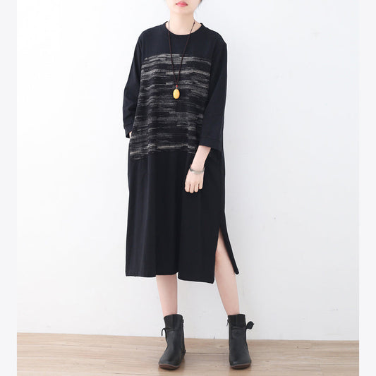 2024 black cotton knee dress oversized traveling dress boutique side open striped cotton dresses