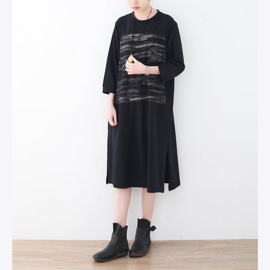 2024 black cotton knee dress oversized traveling dress boutique side open striped cotton dresses