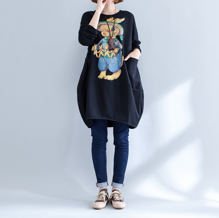 2024 schwarzes warmes Freizeitkleid aus Baumwolle mit Tiermuster in Übergröße, langärmeliges Pulloverkleid