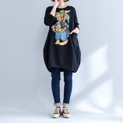 2024 schwarzes warmes Freizeitkleid aus Baumwolle mit Tiermuster in Übergröße, langärmeliges Pulloverkleid