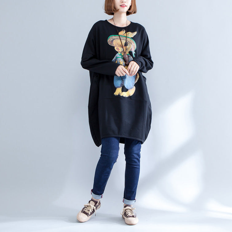 2024 schwarzes warmes Freizeitkleid aus Baumwolle mit Tiermuster in Übergröße, langärmeliges Pulloverkleid