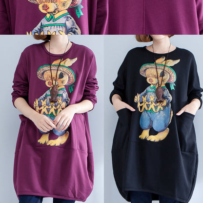 2024 schwarzes warmes Freizeitkleid aus Baumwolle mit Tiermuster in Übergröße, langärmeliges Pulloverkleid