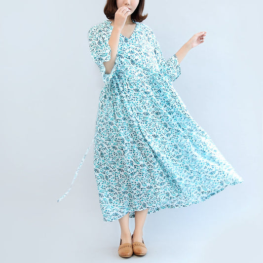 2024 Leinenkleider mit blauem Aufdruck, lässiges Maxikleid in Übergröße