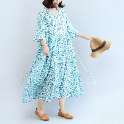 2024 Leinenkleider mit blauem Aufdruck, lässiges Maxikleid in Übergröße