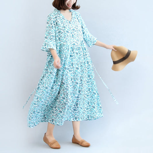 2024 Leinenkleider mit blauem Aufdruck, lässiges Maxikleid in Übergröße