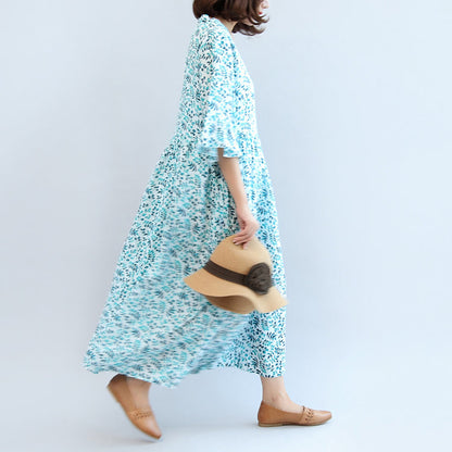 2024 Leinenkleider mit blauem Aufdruck, lässiges Maxikleid in Übergröße