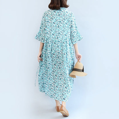 2024 Leinenkleider mit blauem Aufdruck, lässiges Maxikleid in Übergröße